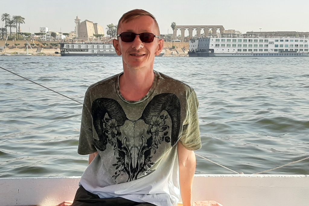 Trying to get comfortable on my felucca boat ride.