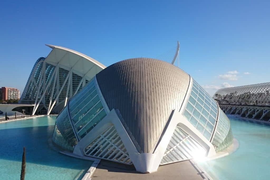 The strange beetle shaped domed building of Hemisfèric at the City of Arts and Sciences, Valencia. 