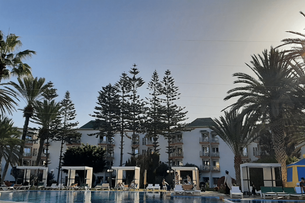 The swimming pool area at my 4-star hotel resort in Agadir.