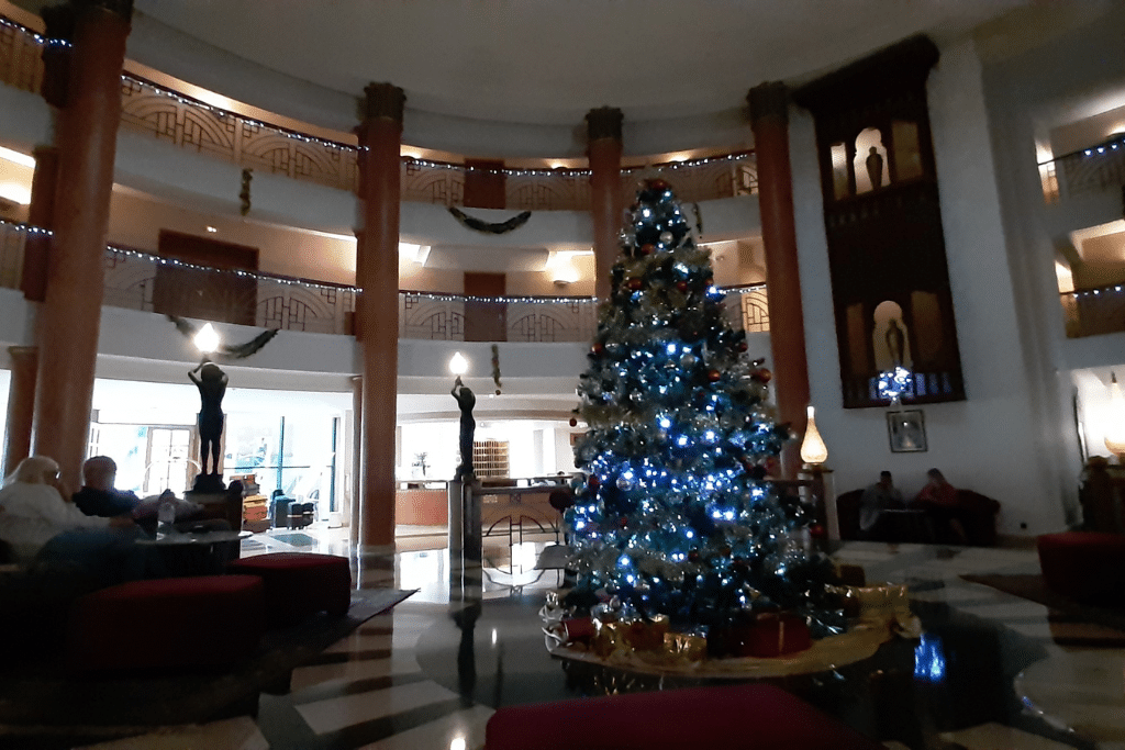 Christmas decorations at the reception lobby of my hotel in Agadir.