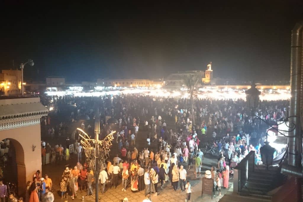 Jemaa el-Fnaa in Marrakech at night time, a very lively place to explore.