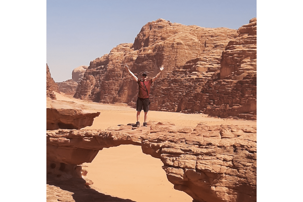 Standing on top of Little Rock Bridge.