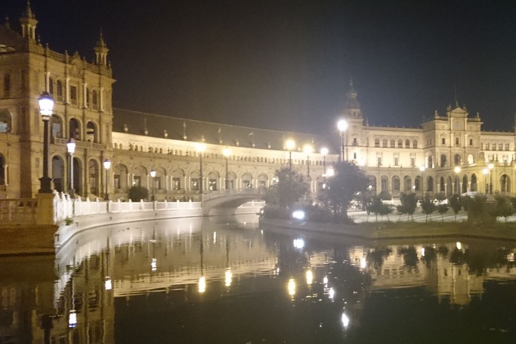 The stunning Plaza de España at night.