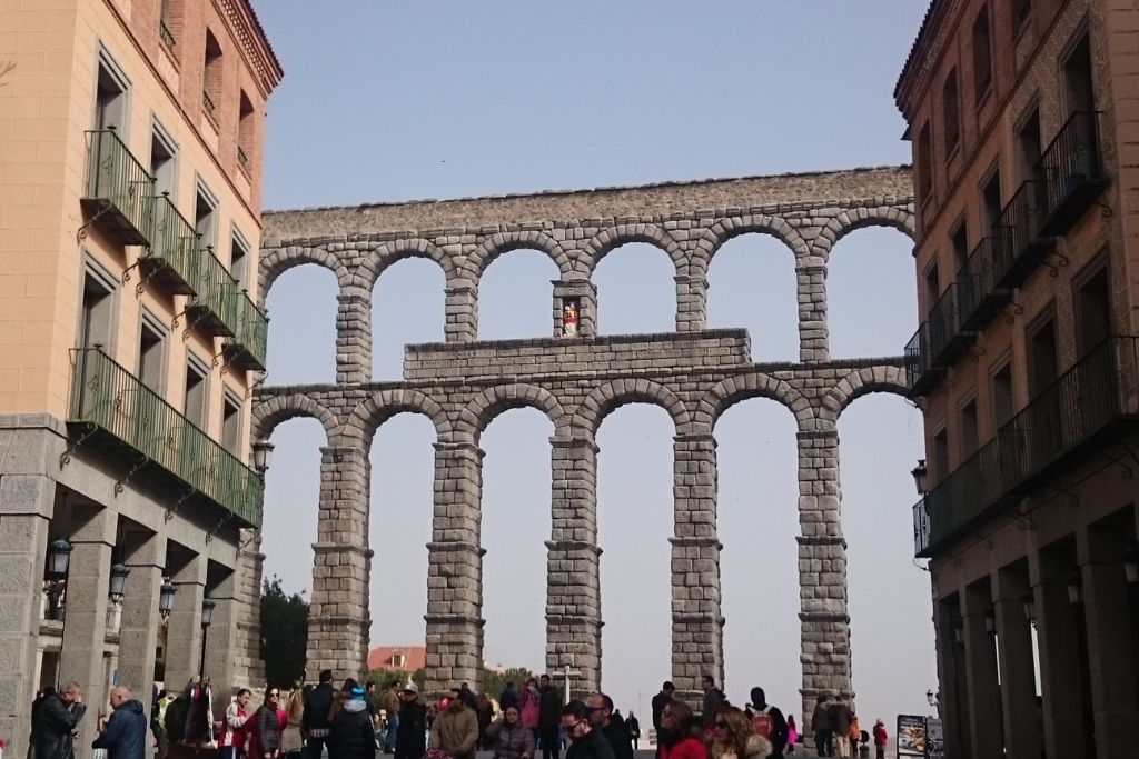 Views of the Roman Aqueduct from the city centre, where you can find several excellent restaurants.